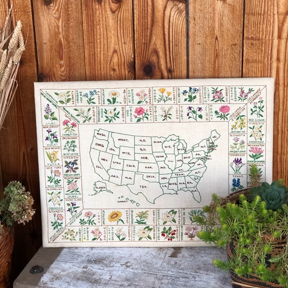 Vintage Embroidered US Map/ State Flower Art